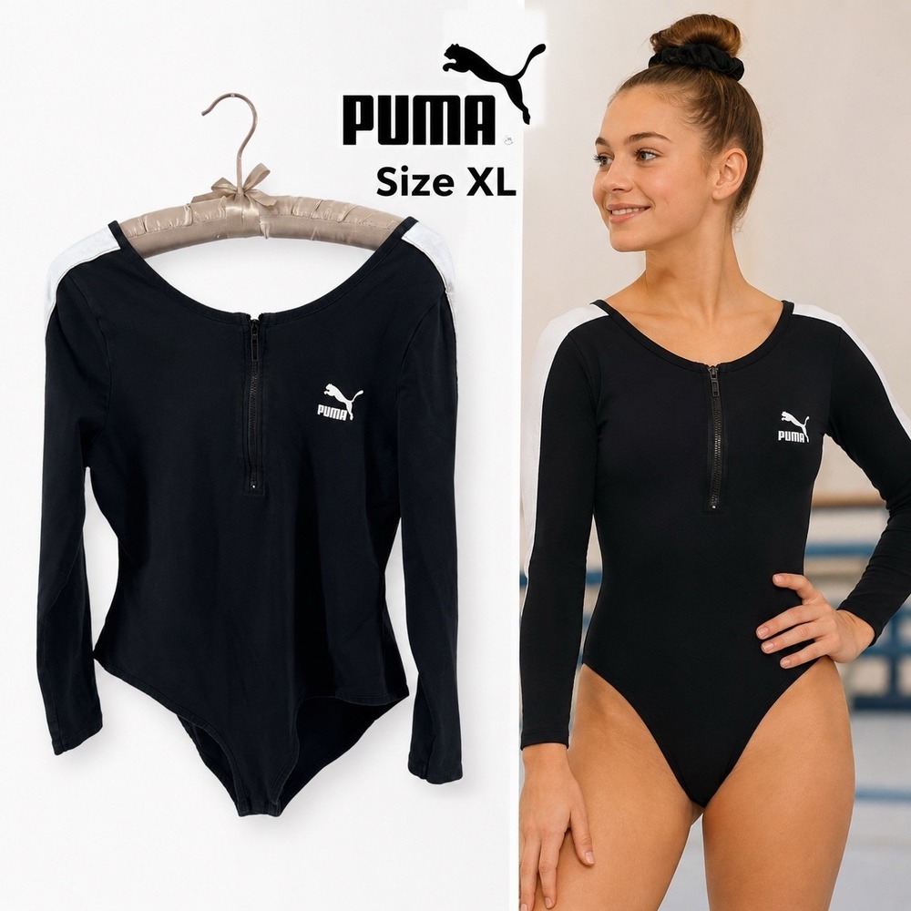 PUMA Revolt Bodysuit Women XL Black White Long Sleeve Zip Scoop Back Athletic